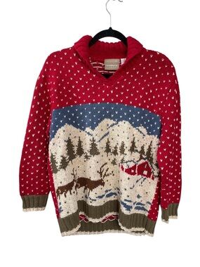 Liz Claiborne Vintage Red Christmas Scenic Hand Knit Sweater Winter Cabin M